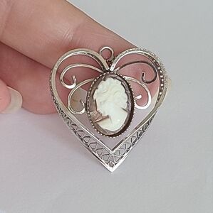 Vintage Victorian Sterling Silver Large Heart Carved Cameo Pendant Necklace